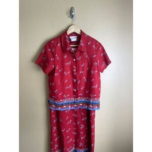 Vintage Miss Dorby Two Piece Red Dress and Blazer Set Linen Blend Floral Size 8